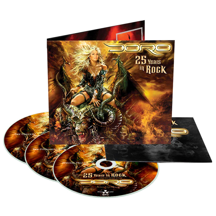 Doro 25 Years in Rock box set includes a booklet and 3 CDs/DVDs featuring fantasy artwork of an armored woman riding a dragon, with an orange-brown backdrop, and classic tracks like Burning the Witches.
