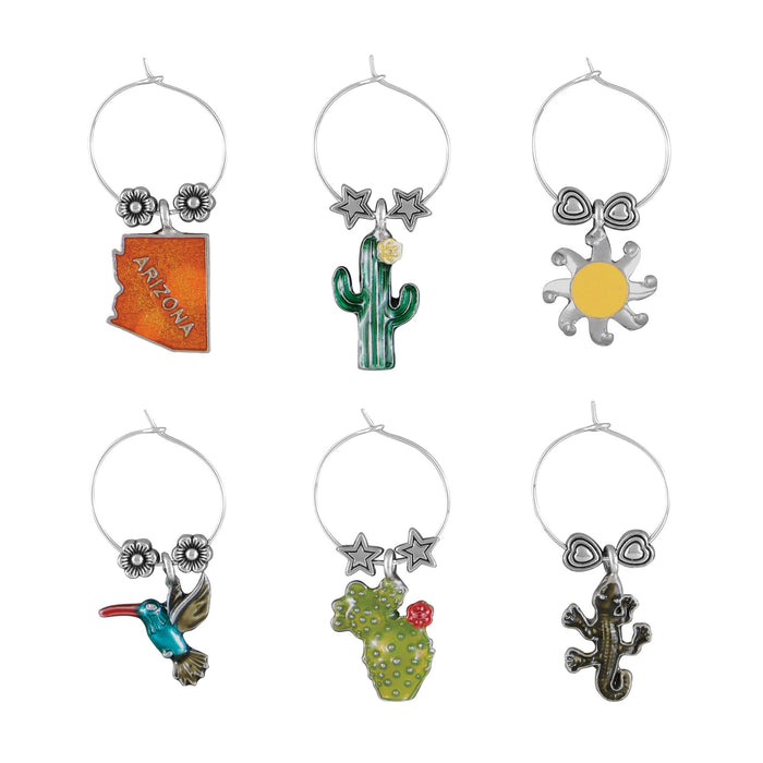 Six Arizona themed wine charms on hoops featuring an Arizona map a cactus a sun a hummingbird a second cactus and a lizard