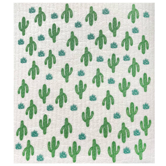 Swedish dishcloth with a repeating pattern of green cacti and small agave shapes on a textured background