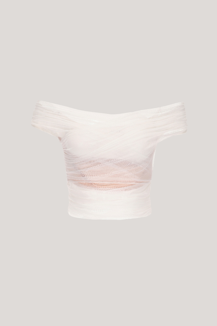 Alusia Off Shoulder Ruch Mesh Top In White