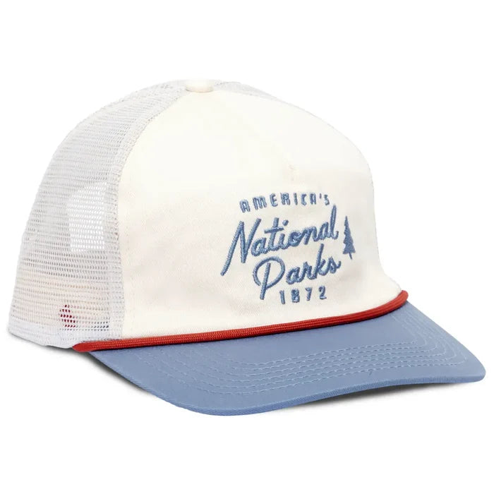 America's National Parks trucker hat with white front panel blue bill and red trim