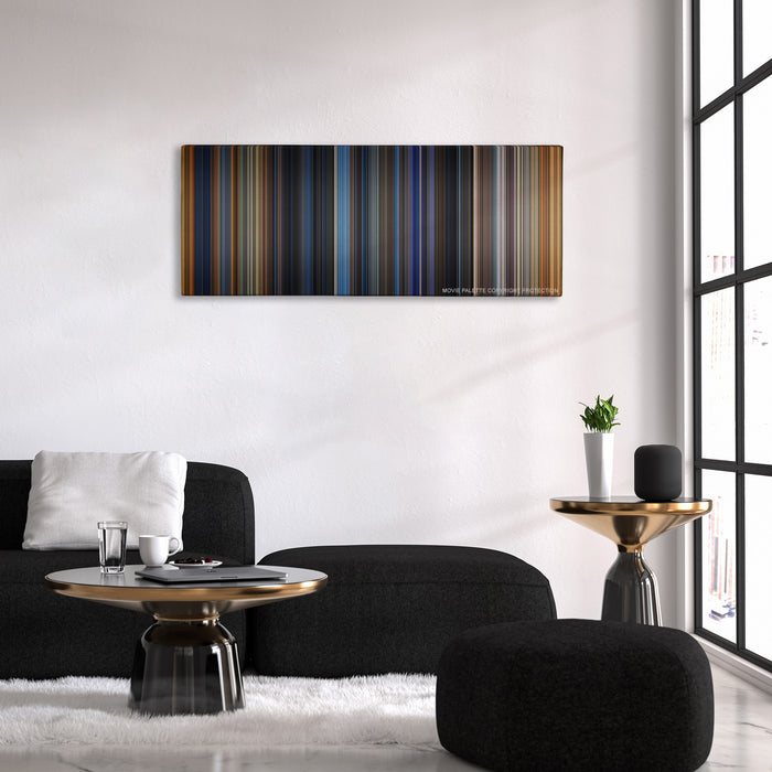 Bad Boys color palette canvas above a black sofa with a gold-topped table