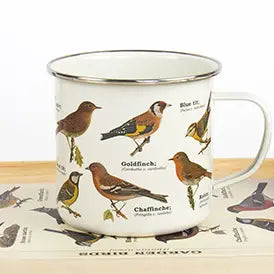 White enamel mug with a wraparound illustration of small colorful birds.