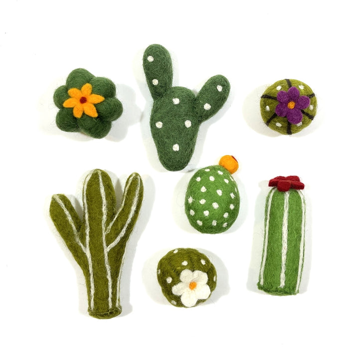 Assorted felt cactus and desert plant cat toys in green with colorful accents.