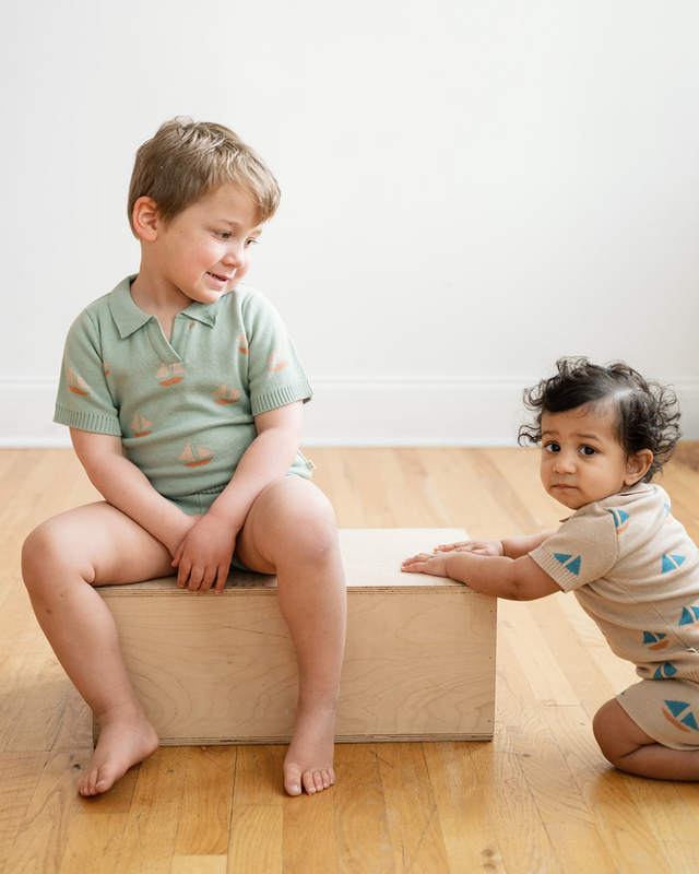 Cameron Knit Polo - Seafoam Sailboats - Wee Bee Baby Boutique