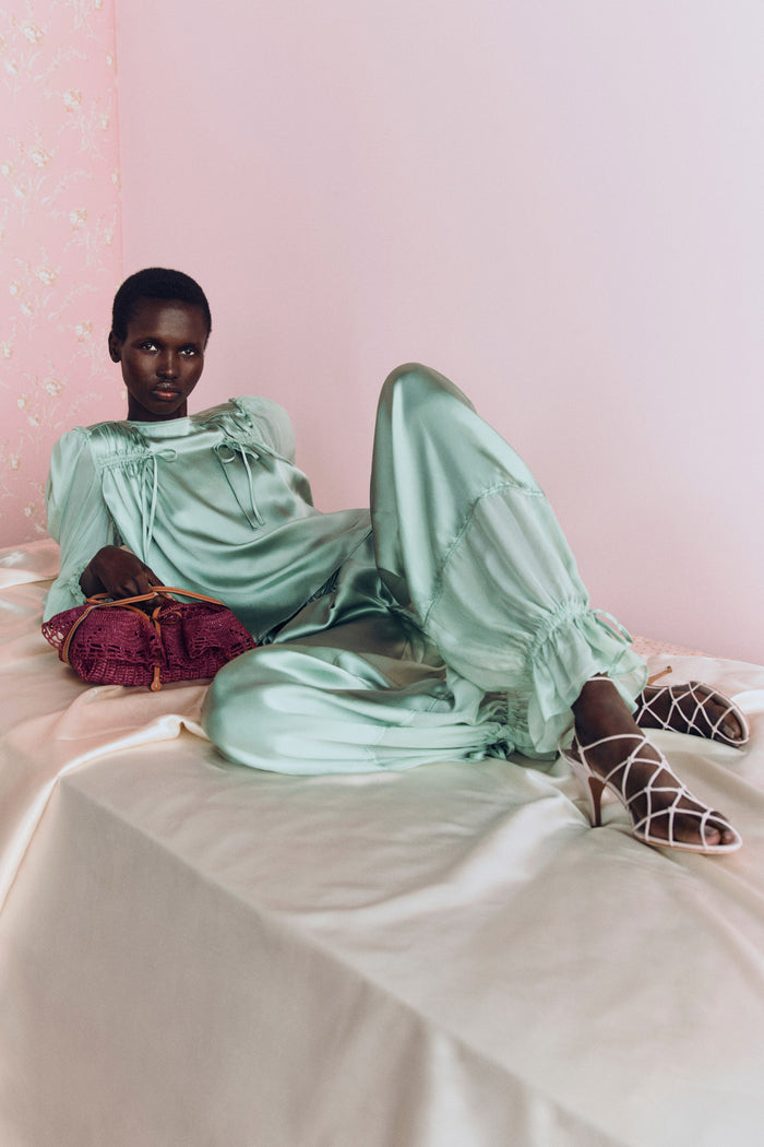 Camile Silk Cinched Pant - Celadon