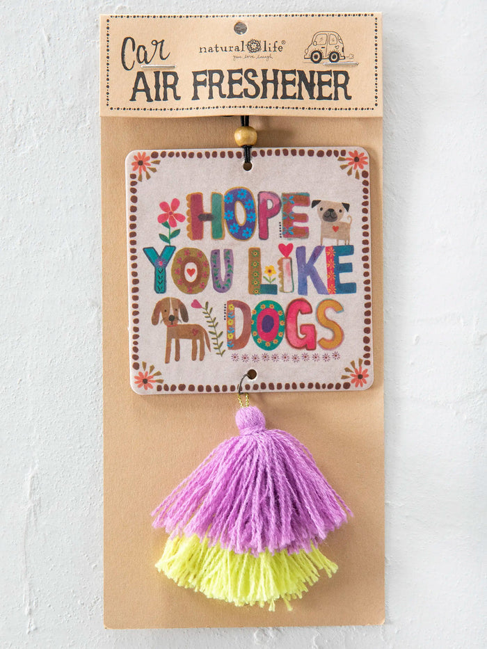 Kraft packaging for Car Air Freshener featuring the Hope You Like Dogs tag and purple tassel