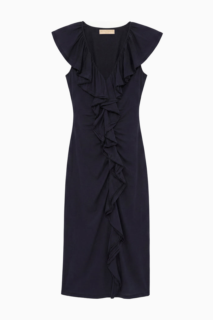 Midnight Navy Organic Cotton Ruffle Midi Dress - Flat Lay Front View | Ulla Johnson