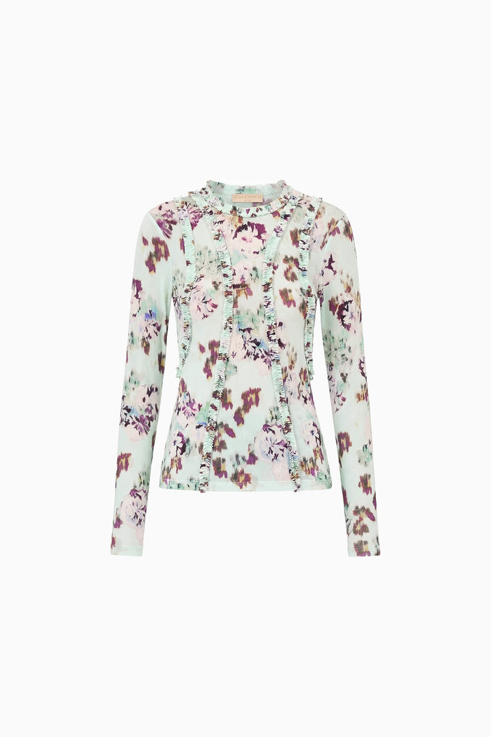 Oasis Ikat Floral Ruffle Jersey Top - Flat Lay, Designer Long Sleeve | Ulla Johnson