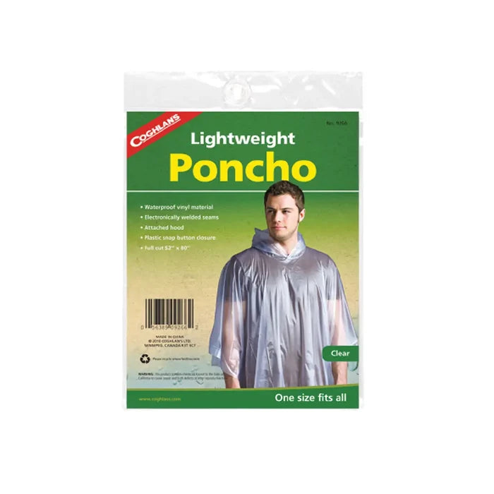 Coghlan's Lightweight Poncho packaging with a man wearing the poncho on a white background