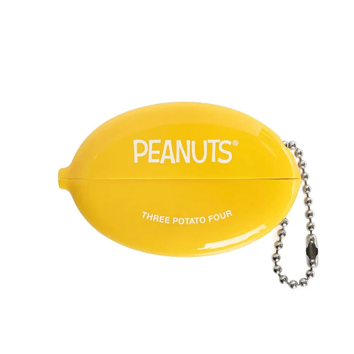 Yellow oval coin pouch with Peanuts branding and a silver ball chain