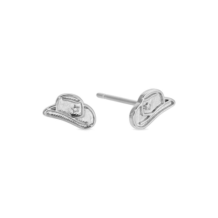 Silver cowgirl hat stud earrings close up on white background