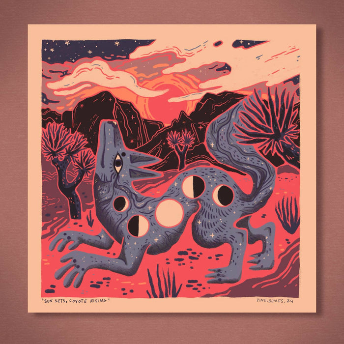 Coyote Rising art print shows a surreal blue creature with circular holes in a red desert landscape under an orange sunset.