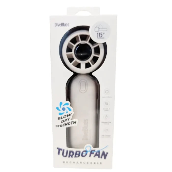 Diveblues Portable Turbo Handheld Fan packaging details to the front on a white background