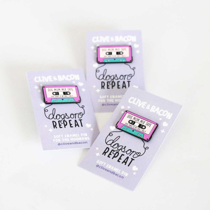 Dog Mom Mix Tape Enamel Pin - Clive and Bacon