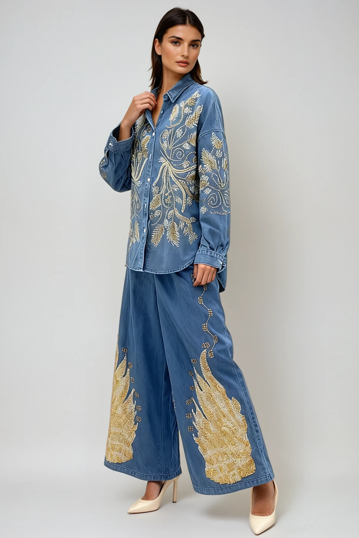 Dowlet Long Sleeve Embroidered Denim Pants Set