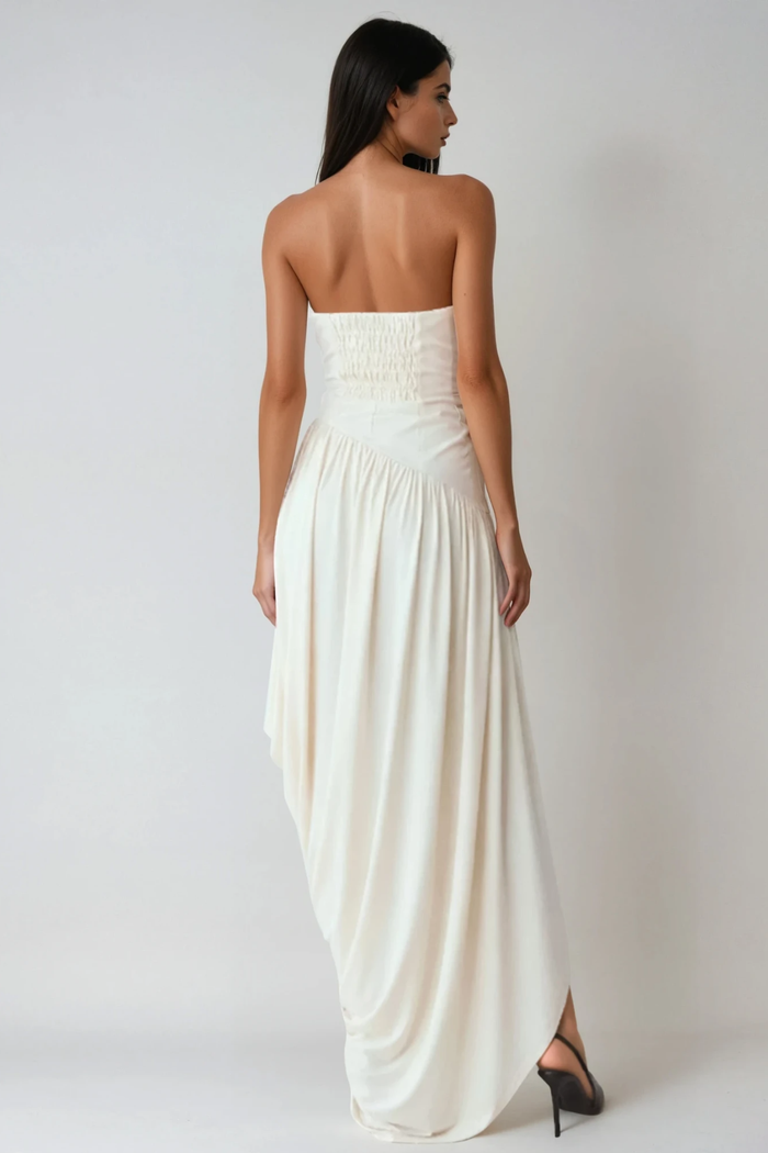 Dru Strapless Asymmetric Draped Maxi Dress In White