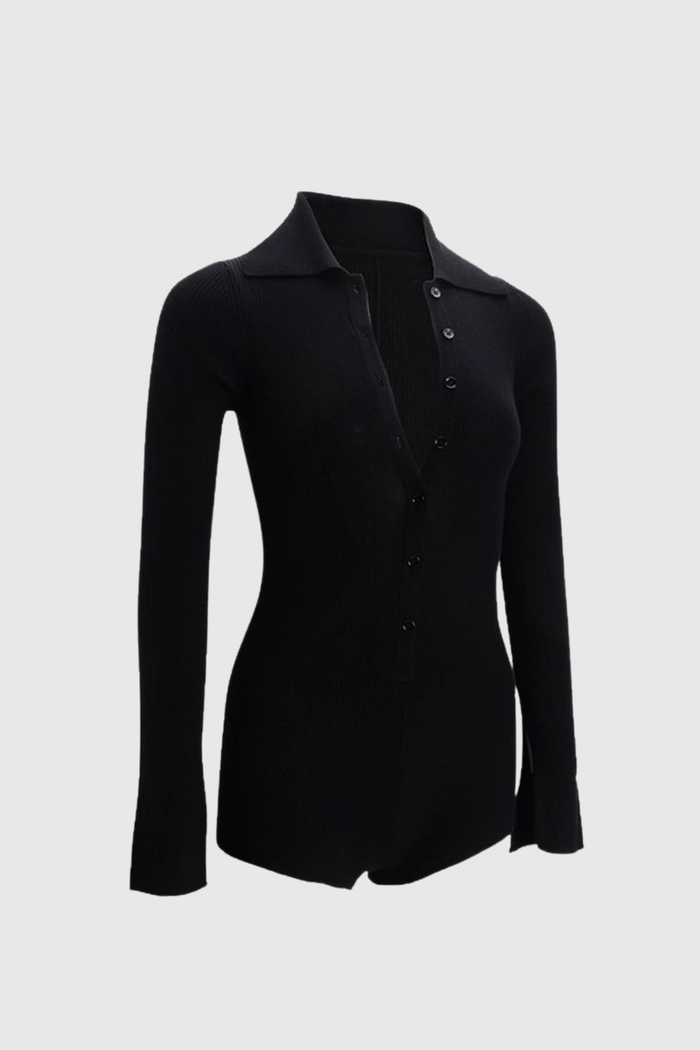 Duru Lapel Knit Bodysuit In Black