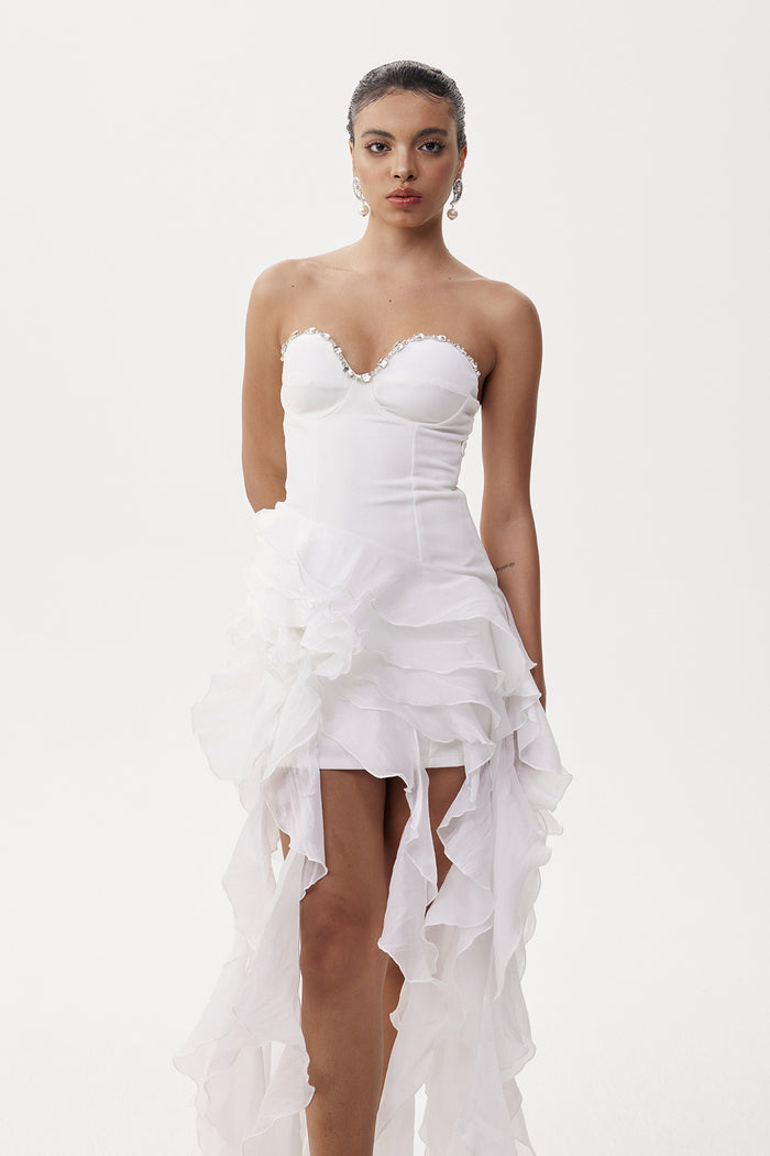 Eleonore Crystal Ruffle Fringe Mini Dress In White