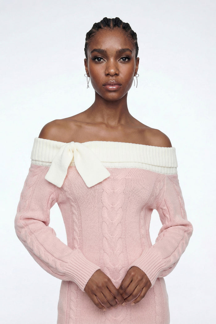 Eliso Off Shoulder Bow Knit Dress In Pink