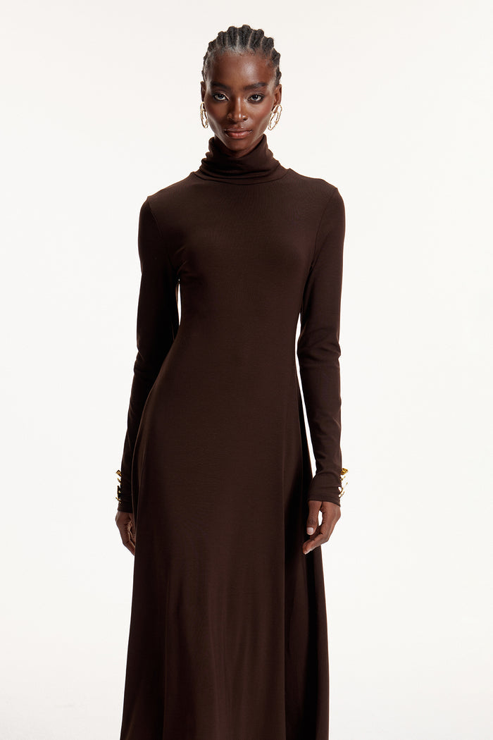 Elodie High Neck Ruffle Maxi Dress In Brown