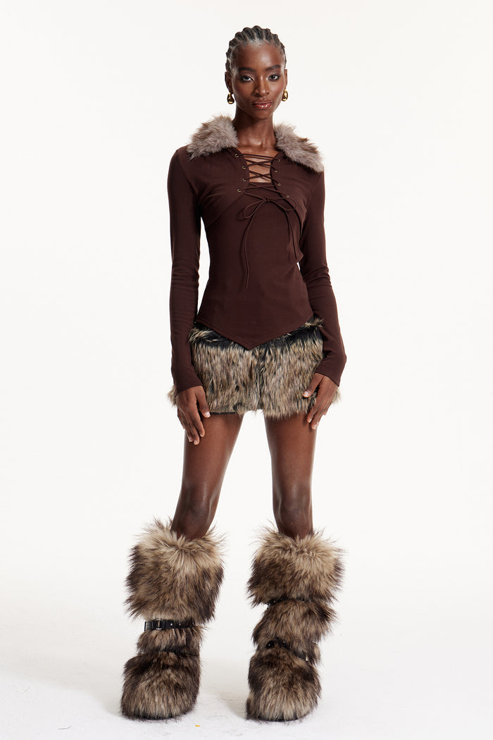 Eloise Faux Fur Lace Up Top In Brown