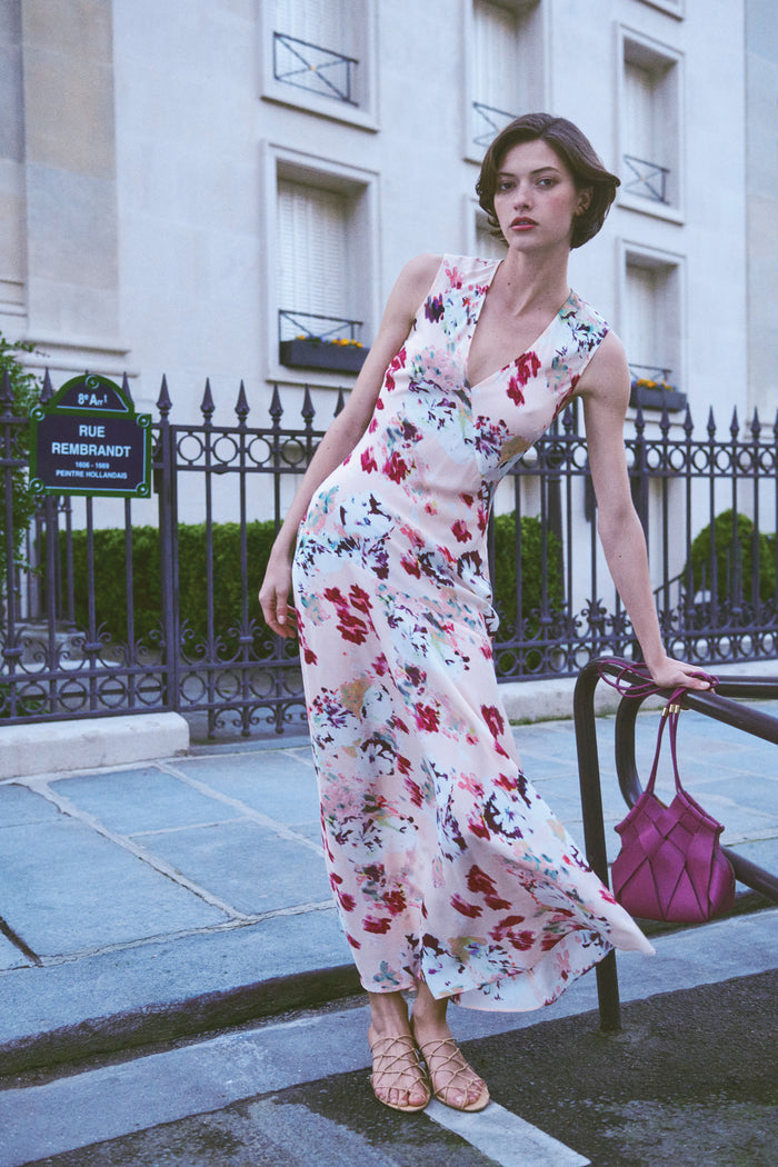 Luxury Floral Silk Maxi Dress Styled in Paris Street Editorial - On Model | Ulla Johnson