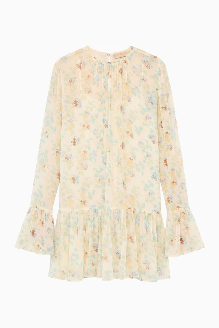 Moon Petal Designer Silk Chiffon Mini Dress - Flat Lay, Floral Botanical Print | Ulla Johnson