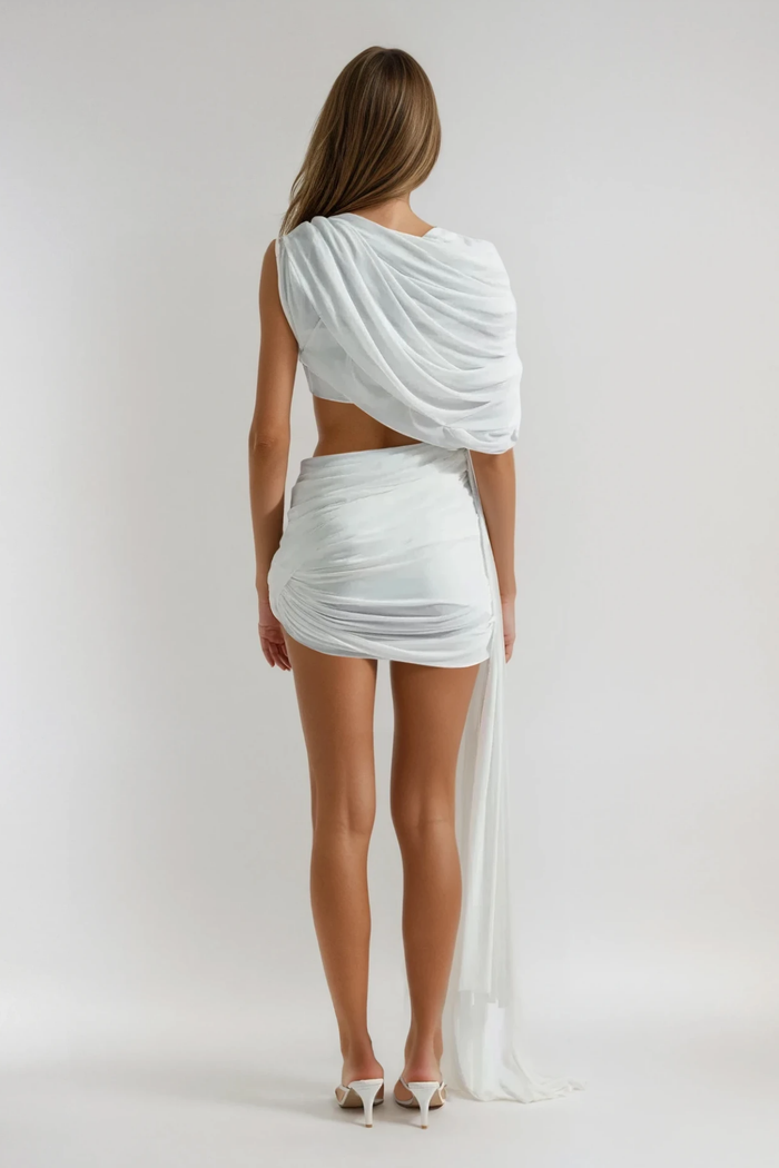 Fabiola Asymmetric Ruch Fringe Skirt Set