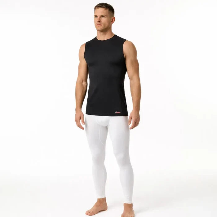 Studio shot of a man earing a Factor 2 Mens Sleeveless Mid Layer Thermal Top in black photographed on a white background