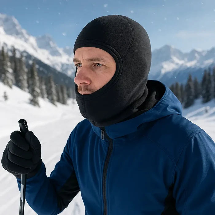 Man wearing a SuB Zero Factor 3 fleece balaclava peak whilst cross country skiing in the alps