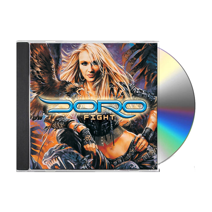 Doro CD cover for Fight shows a blonde woman in leather armor with an eagle on her arm, set against a fiery background. The vibrant energy of Live To Win shines as the partially open CD case reveals the disc inside.