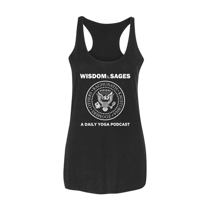 A black racerback tank from Wisdom Of The Sages with white text: WISDOM of the SAGES and A DAILY YOGA PODCAST. The center displays a circular, band-style emblem featuring names and yoga symbols.