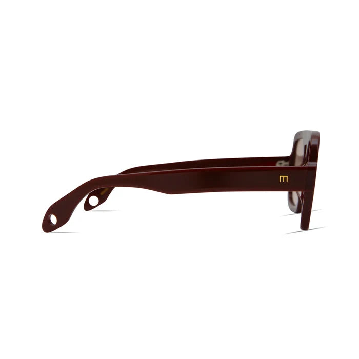 Brown sunglasses with Elisa Johnson logo on a white background