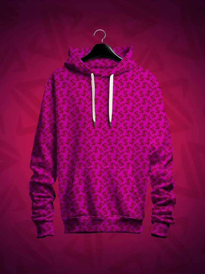 JP Logo Pink hoodie with a subtle pattern on a matching pink background