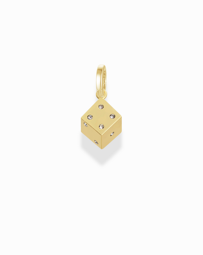 Gold dice charm showcasing a four, with embedded crystals, perfect for a playful, lucky jewelry piece.