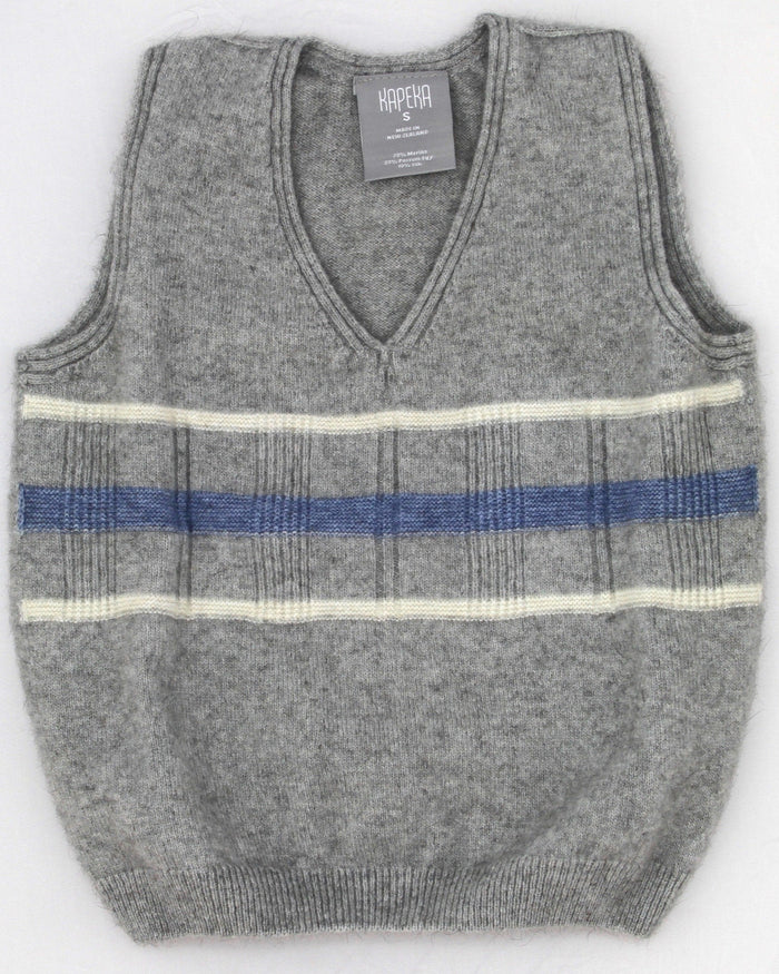 Kids' sleeveless gray and blue striped vest with a round neckline and visible brand tag.