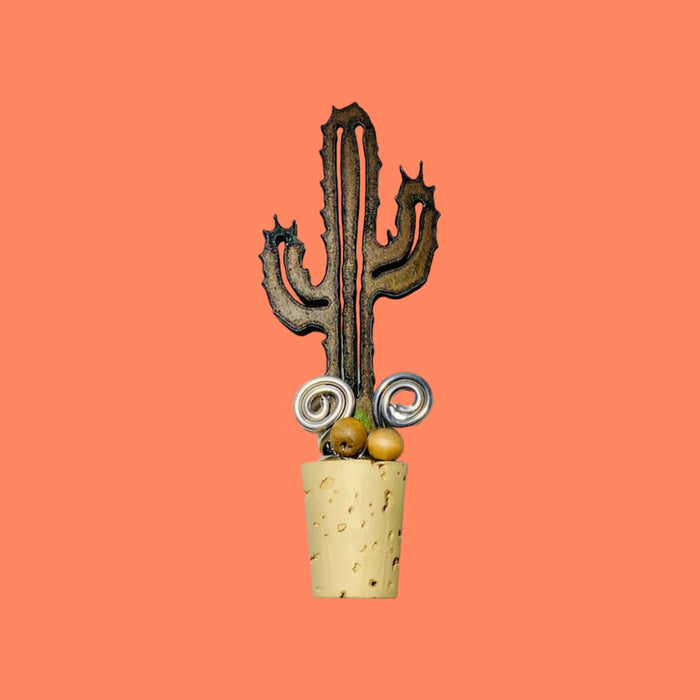 Metal saguaro cactus wine stopper with cork bottom