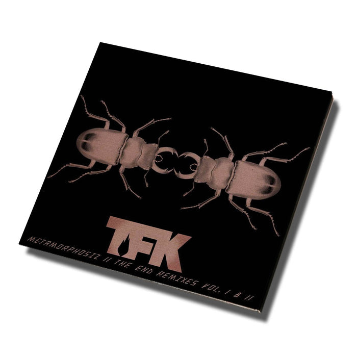 A square album cover for Thousand Foot Krutch features two mirrored brown beetles on black. Metallic text at the bottom reads TFK and Metamorphosiz: The End Remixes Vol. 1 & 2, highlighting tracks like War Of Change Remix.