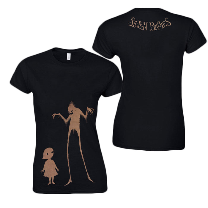 Black fitted t-shirt by Stolen Babies featuring a tan silhouette of a tall, creepy figure and a small girl on the front; STOLEN BABIES appears in stylized tan text near the back neckline.