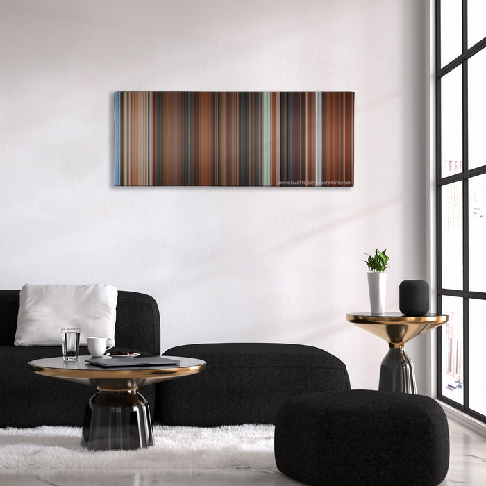 Mr. Deeds color palette canvas above a black sofa with a gold-topped table