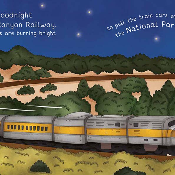 Nighttime illustration of a yellow striped train moving through a canyon under a starry sky