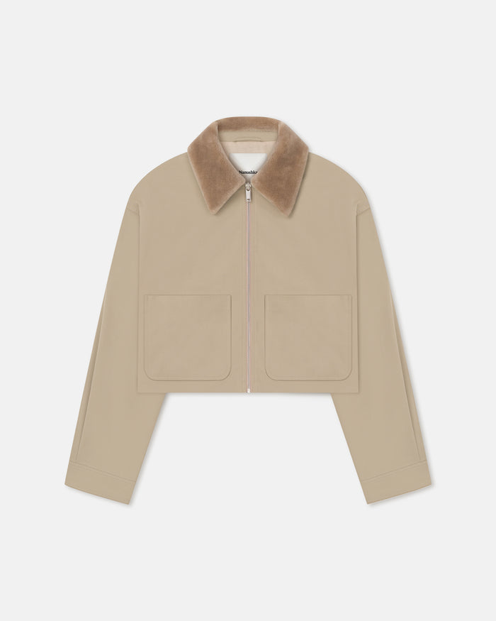 Phebe - Cropped Tech Twill and Faux Fur Jacket - Pebble/Beige