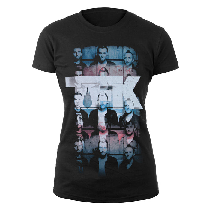 A black Thousand Foot Krutch T-shirt featuring a collage of mens portrait photos in muted red, blue, and gray tones, overlaid with large white and blue stylized TTK letters.