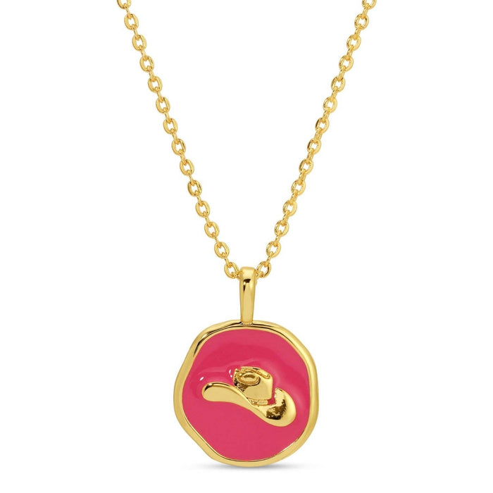 Gold chain necklace with pink oval pendant and a small gold cowboy hat centerpiece.