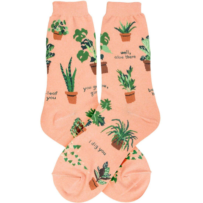Plant Lady Women's Socks peach background with scattered potted green plants