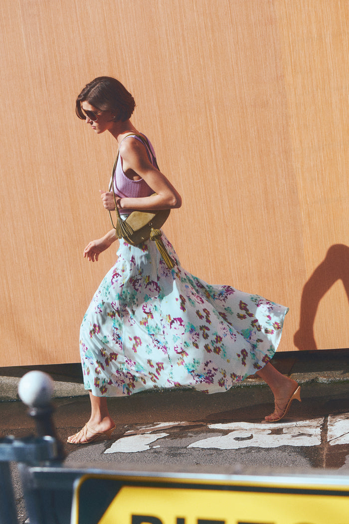 Oasis Silk Midi Skirt Flowing in Motion - Outdoor Editorial Styled Look | Ulla Johnson