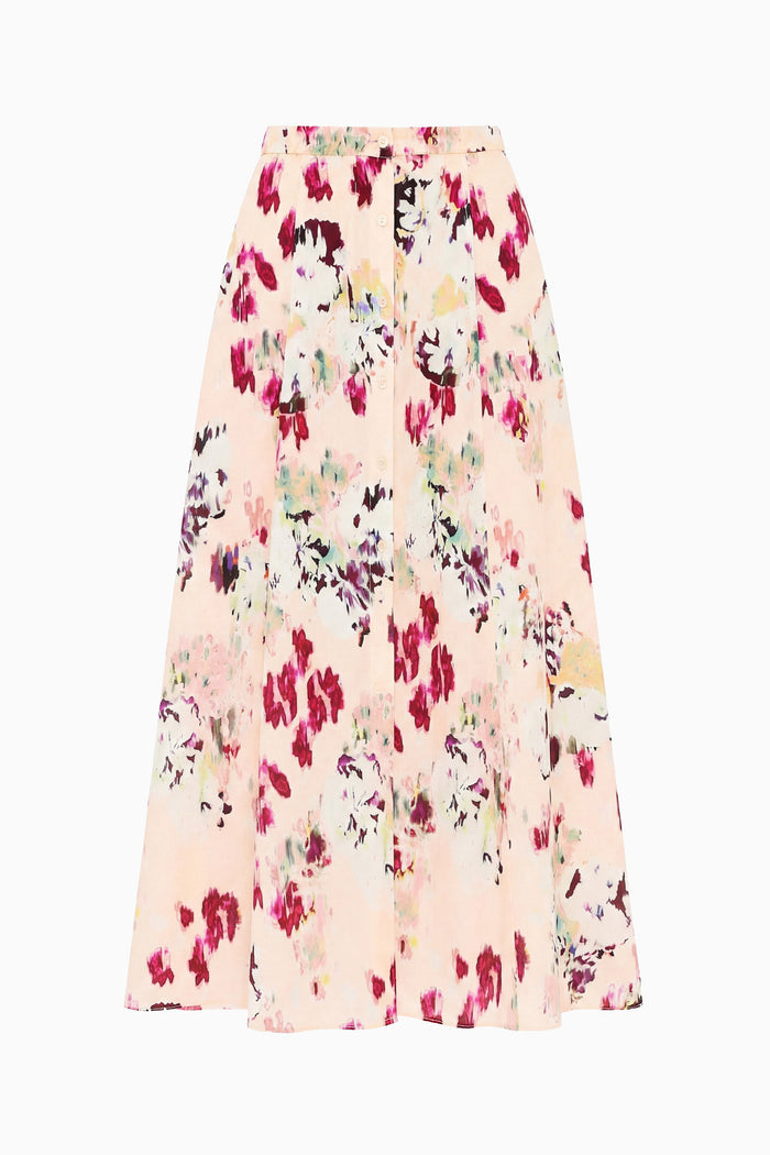Rowan Silk Midi Skirt Summer Garden - Flat Lay, Blush Ikat Floral A-Line | Ulla Johnson