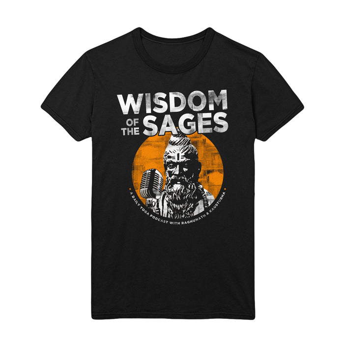 Wisdom Of The Sages black t-shirt with a bearded sage holding a microphone in front of an orange circle. WISDOM OF THE SAGES is printed above, with smaller text below the illustration.