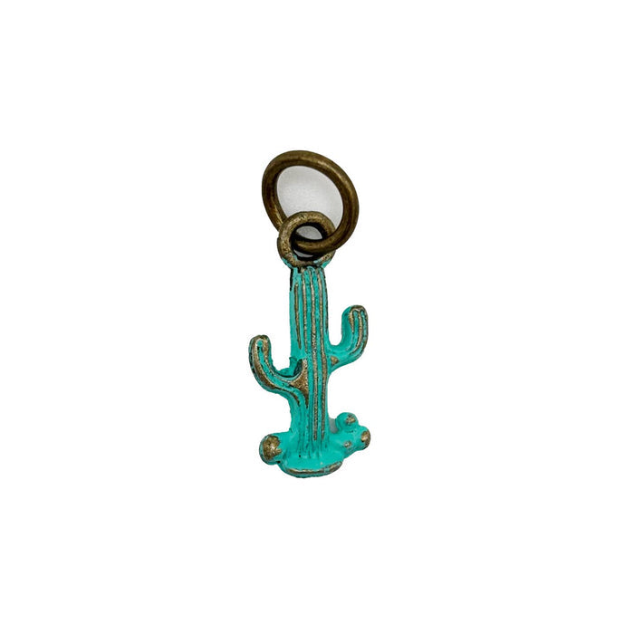 Turquoise cactus pendant attached to two bronze rings at the top